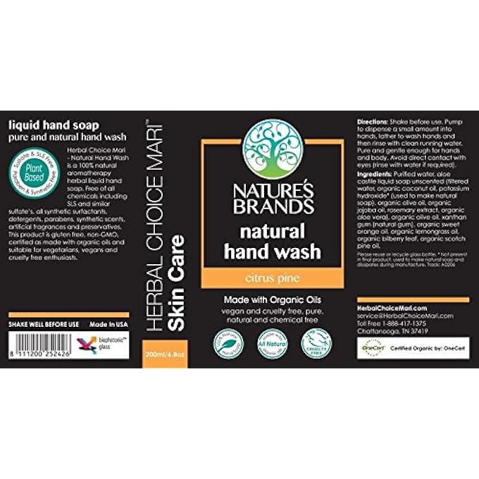 Nature's Brands HERBAL CHOICE MARI NATURAL HAND WASH CITRUS PINE 200ML/ 6.8OZ GLASS BOTTLE PUMP (MADE WITH ORGANIC) - Image 2